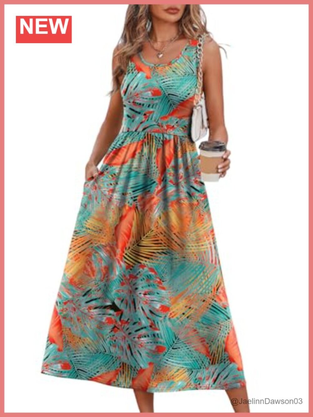 Flowy Midi Sundress with Pockets Scoop Neck A-Line Casual Beach Dress - Picture 1 of 6